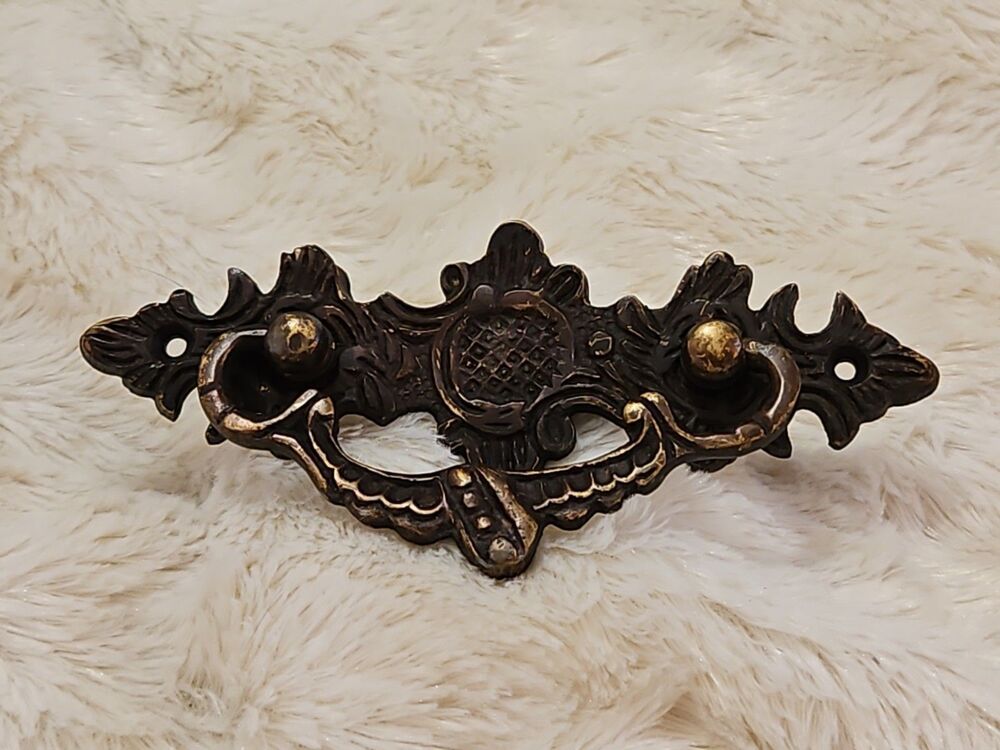 Ornate Vintage Brass Bail Pull Drawer Pull With Backplate 5"